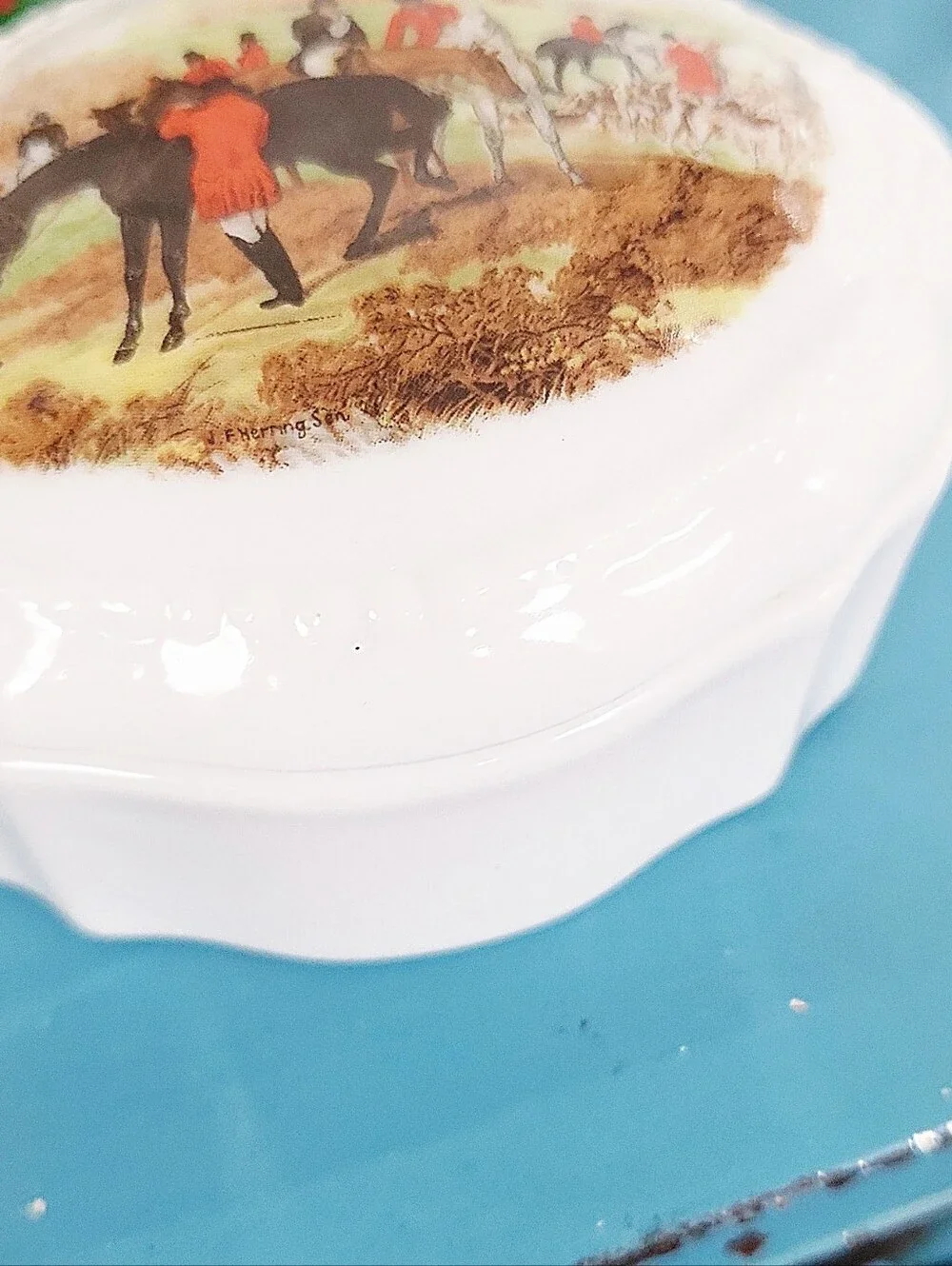 Vintage J.F. Herring Son Equestrian Fox Hunt Bone China Trinket Box The Huntsman